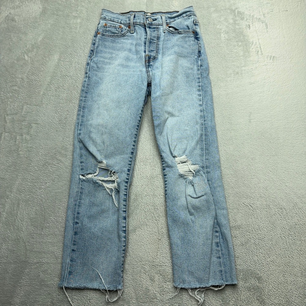 Levis Jeans Womens 26 Wedgie Blue Straight Distressed High Rise Raw Hem Denim